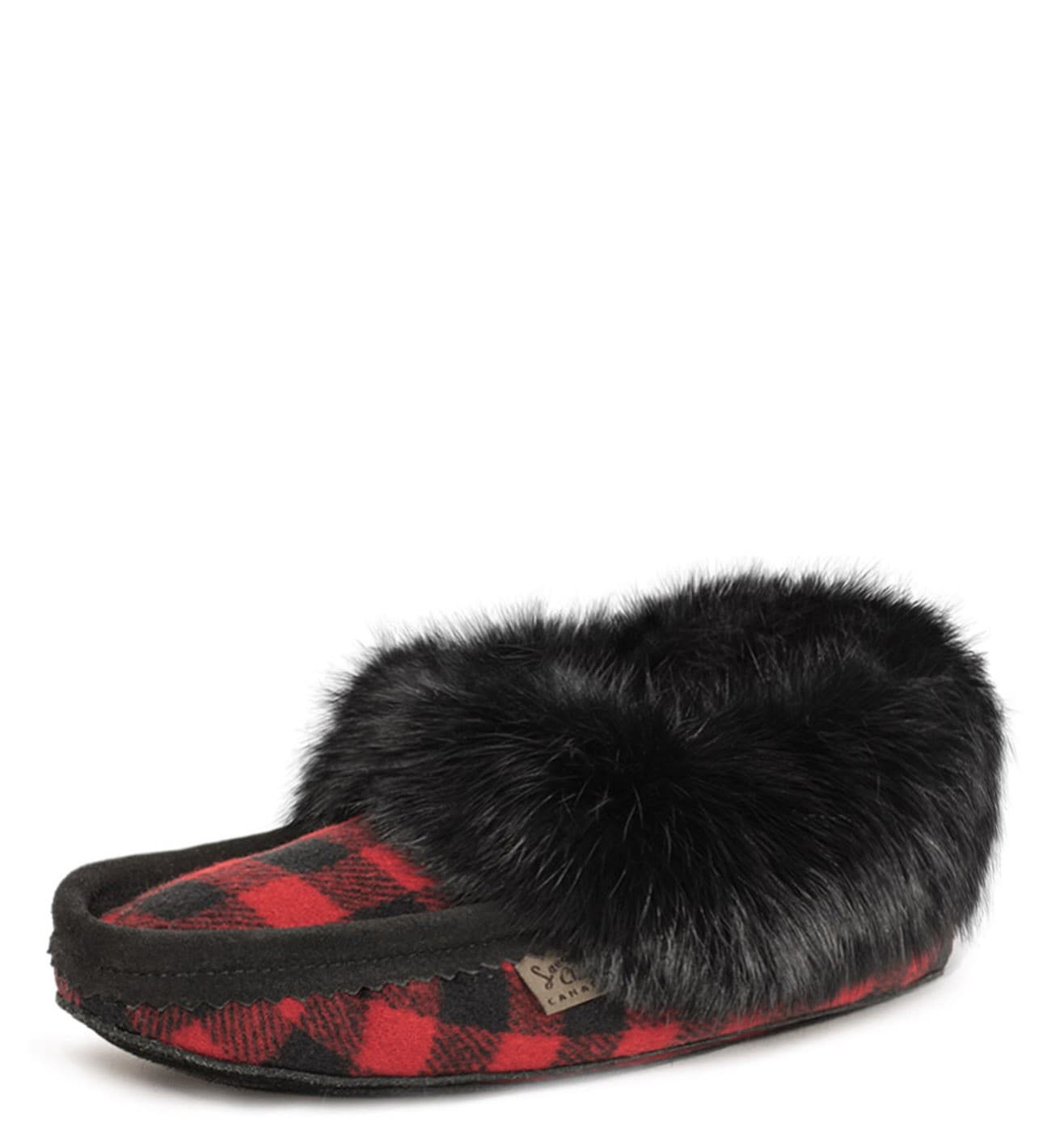 Pantoufle Collet Fourrure, Orlon noir, dessus Polar, Semelle Double